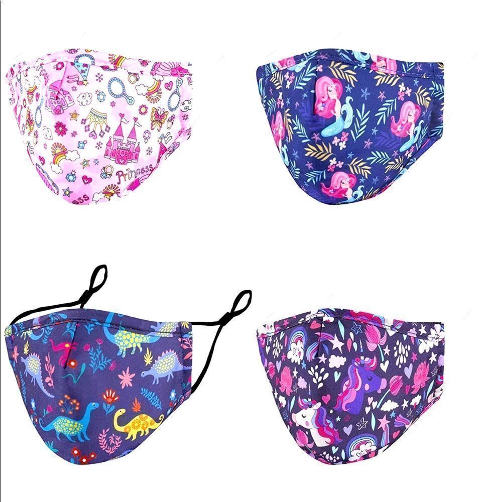 4-Pack Kids Face Masks – Dinosaur, Unicorn, Princess & Mermaid Prints, NWT